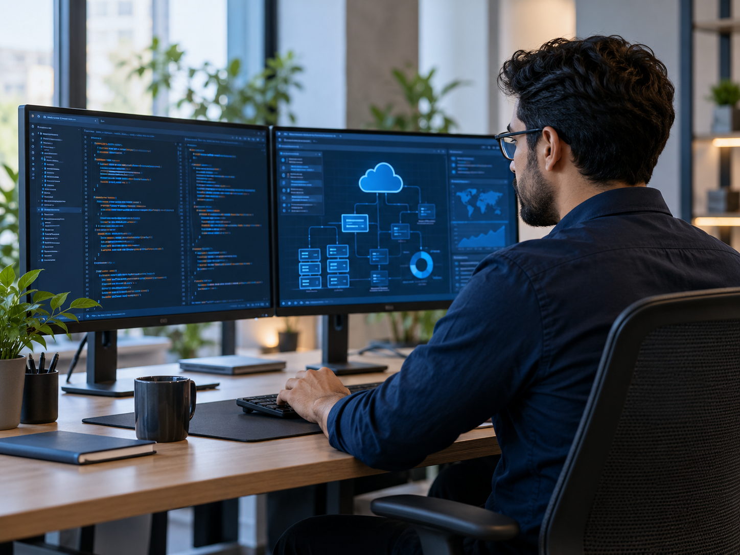 Technology consultant working with software and cloud systems on dual monitors